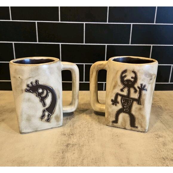 Mara Stoneware Mugs Set of 2 Kokopelli & Warrior Traditional 12 oz. Square Base - Picture 2 of 10